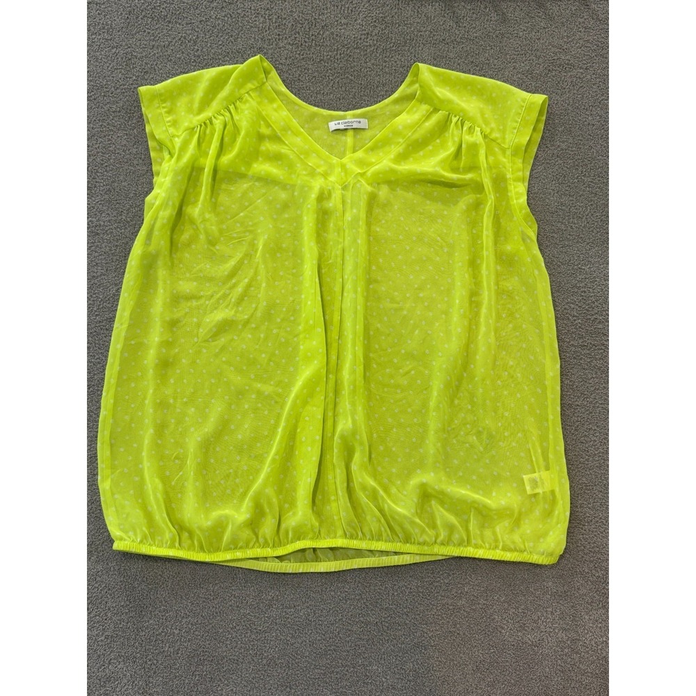Liz Claiborne Woman Lime Green Polka Dot Blouse Sheer V-Neck Pleated Hem Plus Si